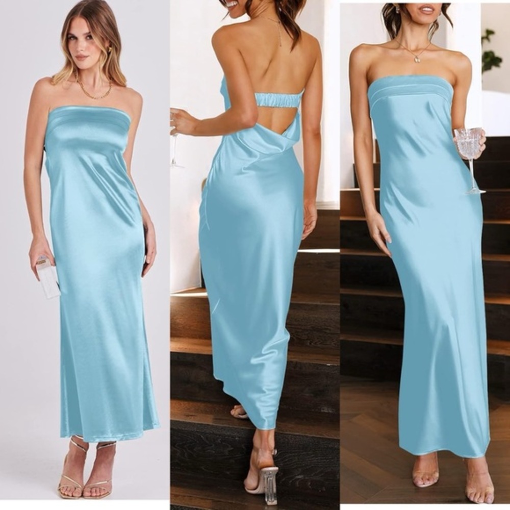 ANRABESS Satin‎ Strapless Maxi Dress Blue S Silky Slip Elegant NWT